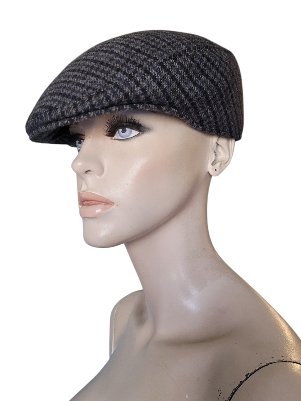 Vintage 100% Wool Tweed Newsboy Cap Plaid Brown Gray Blue